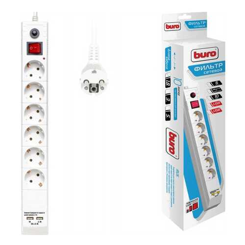 Сетевой фильтр BURO BU-SP1,8_USB_2A-W, 6 розеток, 1,8 м, White в ТехноПорт